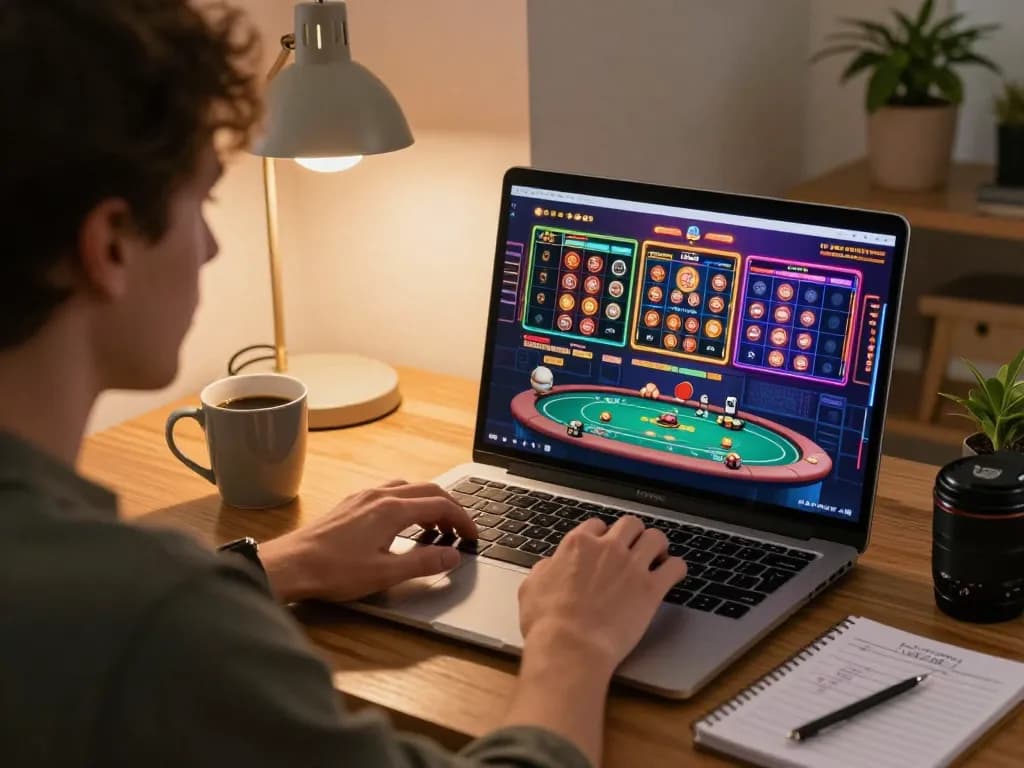 UU88 online gaming scene with player focused on laptop, showcasing colorful casino interface