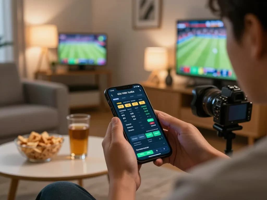 KÈO TRỰC TUYẾN app interface showing live sports betting odds in a cozy setting