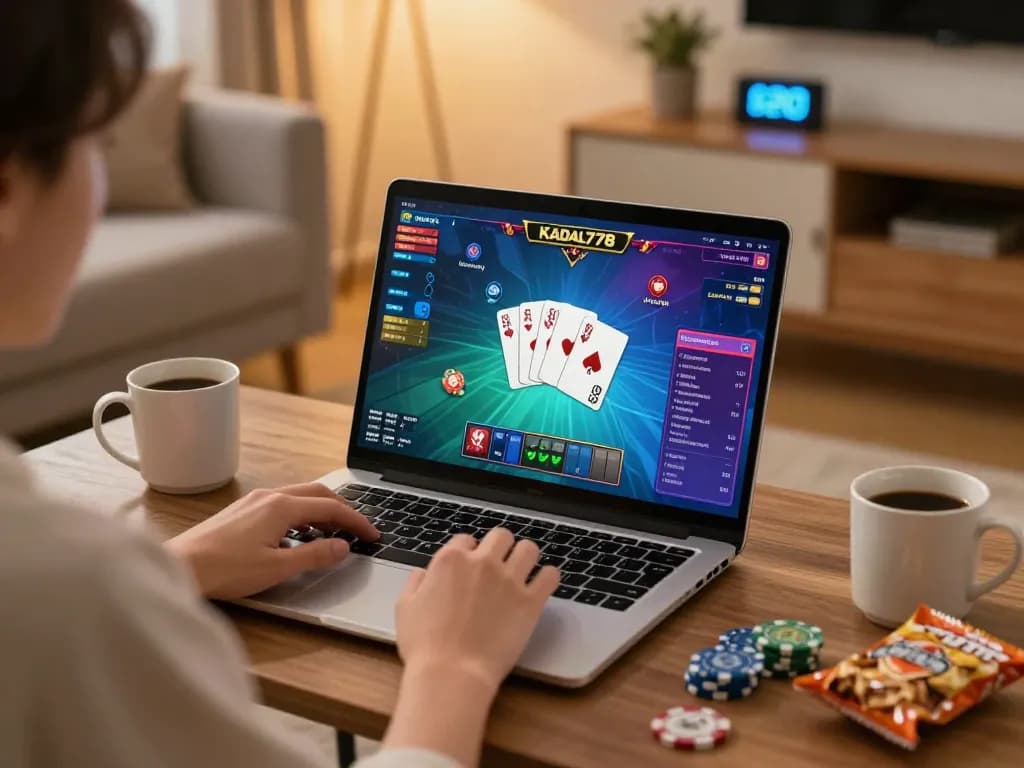 KADAL778 player enjoying online casino gaming in a cozy home setting with poker strategy.