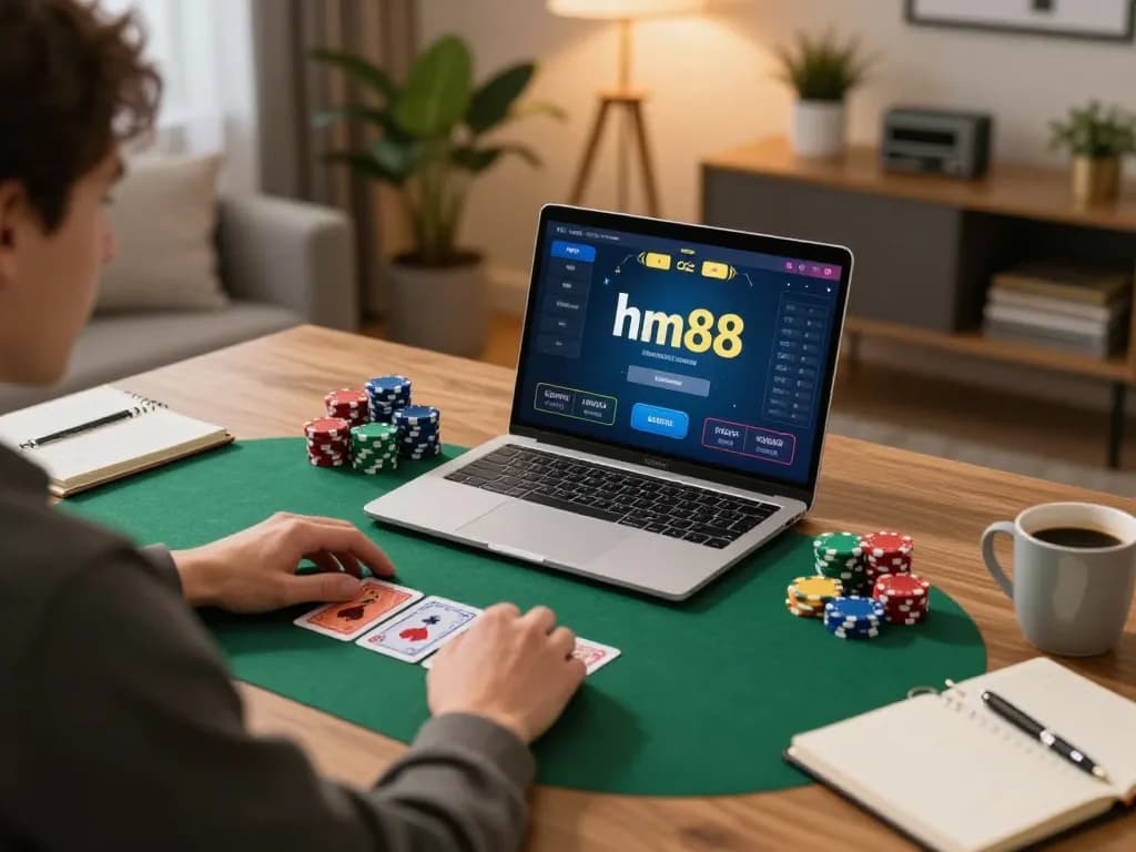 Experience online poker with hm88, showcasing strategic gameplay in a cozy home setting.