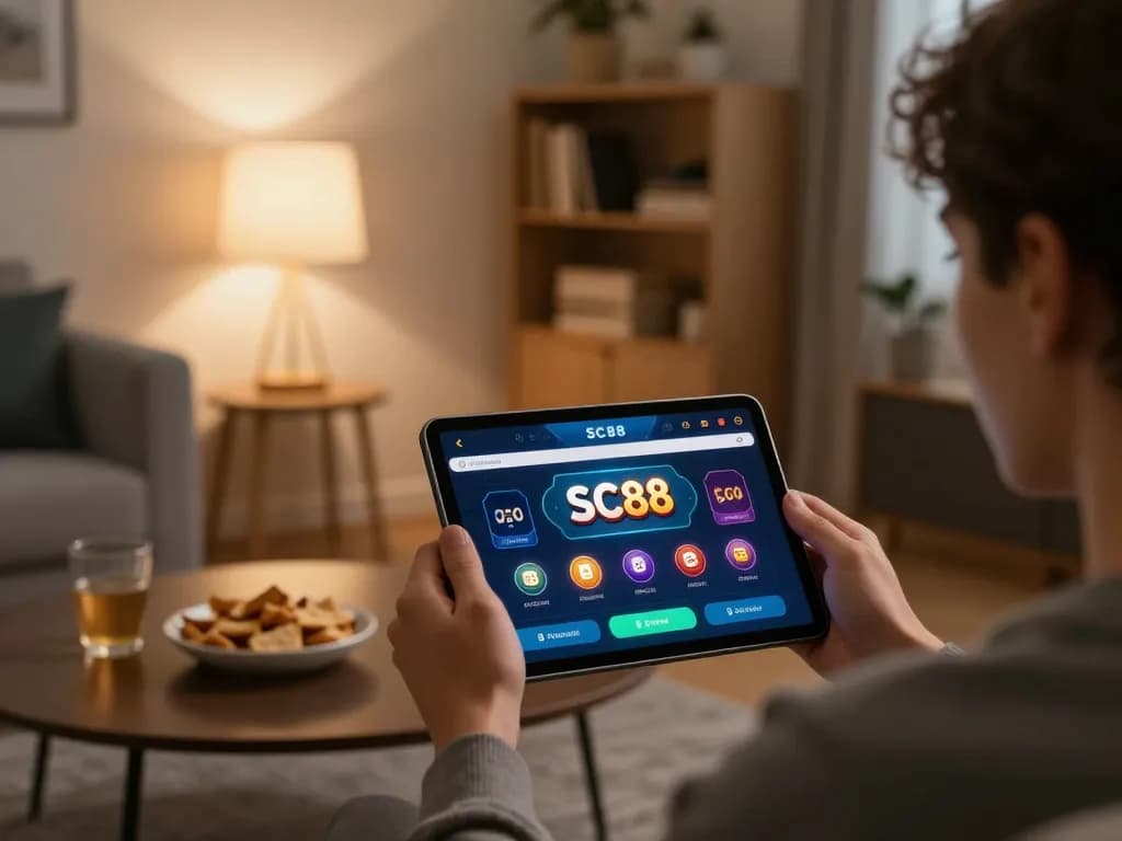 Player immersed in SC88 online casino app while enjoying a relaxed home atmosphere.