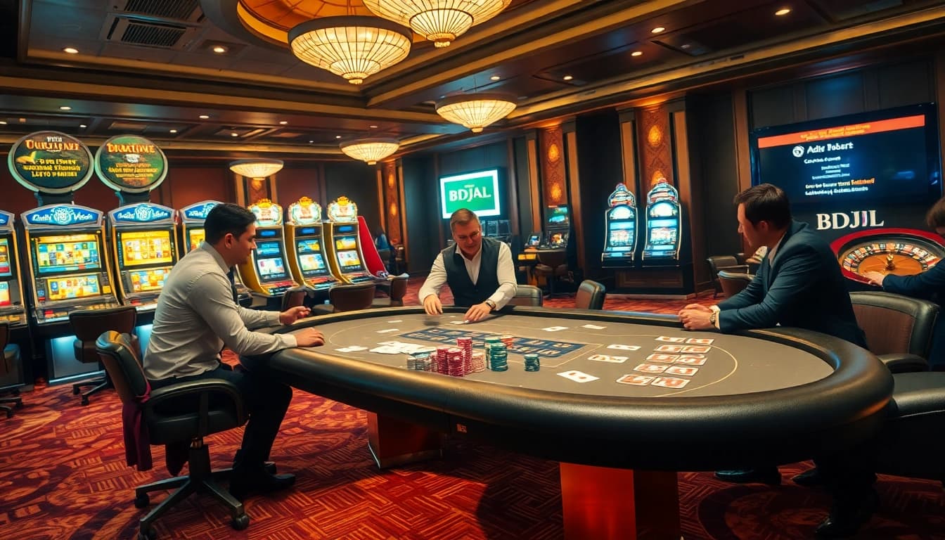 Experience the thrill of gambling at BDJL's luxurious poker table with vibrant action and excitement.
