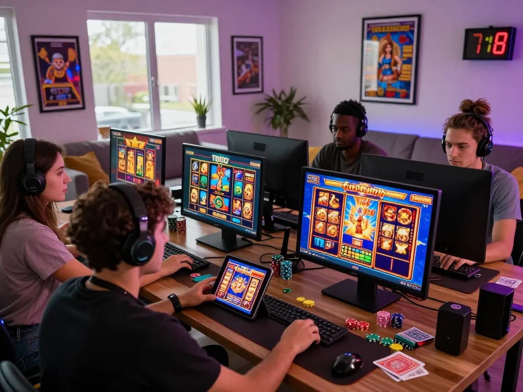 Exciting online gaming scene showcasing situs gacor with diverse gamers playing colorful slot games on various devices in a cozy living room.