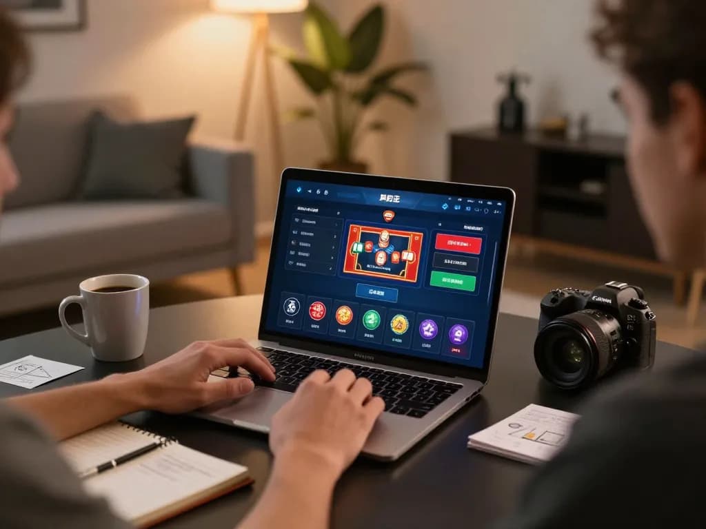 KONG88 player engaging with online casino betting software, showcasing a strategic lifestyle in a modern home.