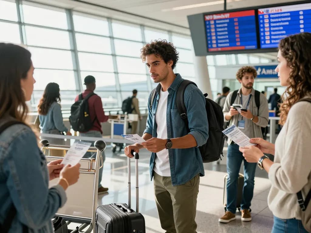 Traveler checking in for flight on American Airlines 789P at modern airport terminal.