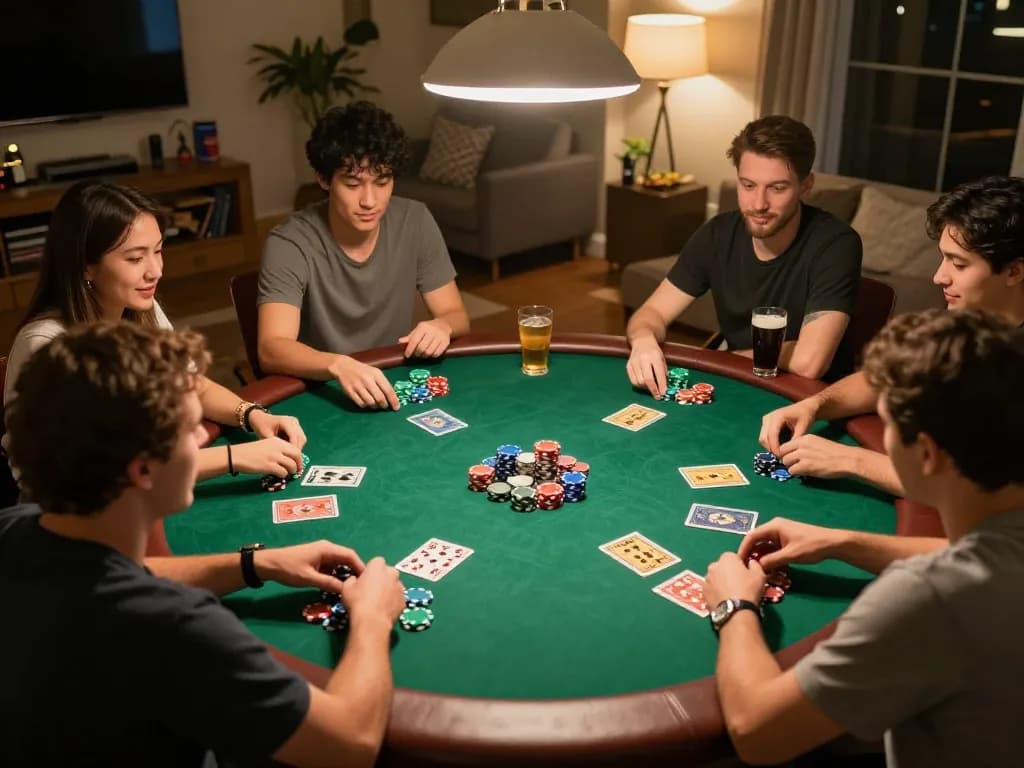SC88 players engaged in a lively home poker game with colorful chips and cards.
