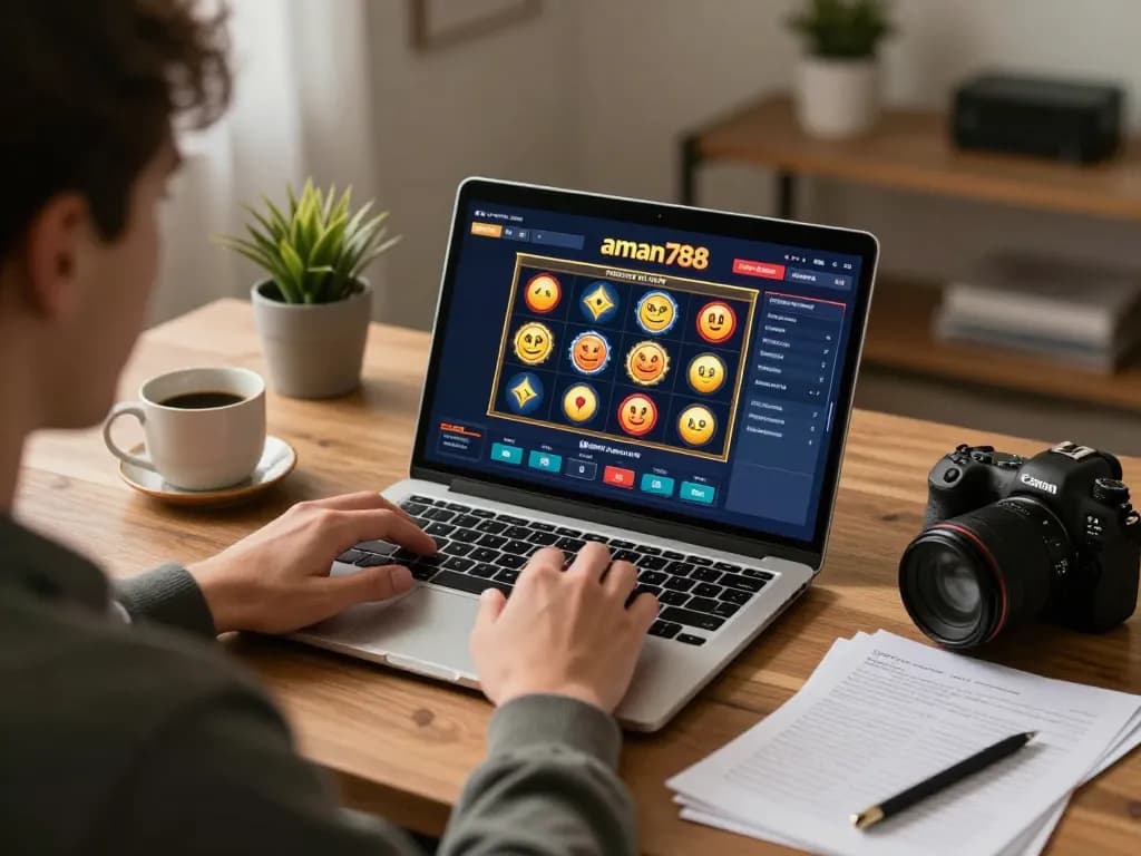 Pemain yang terlibat menggunakan situs slot online aman788 di laptop di rumah untuk permainan strategis.