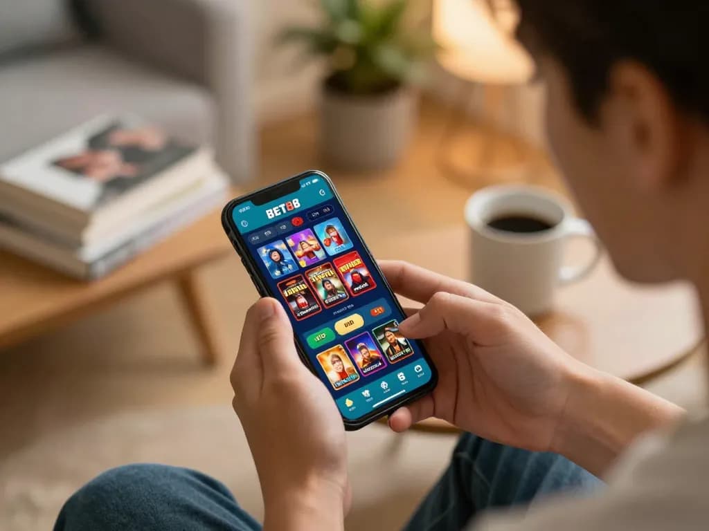 Engaging gameplay on the BET88 app featuring various casino games in a cozy home setting