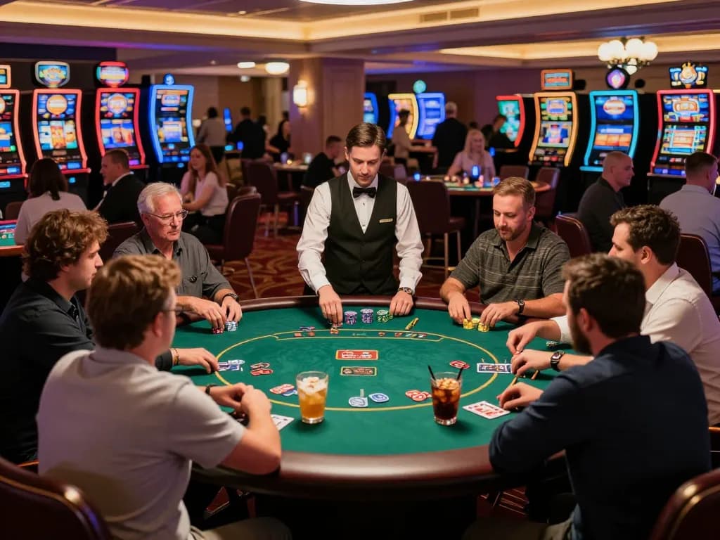 Players engaging in strategic gameplay at SC88e's upscale poker table in a vibrant casino.