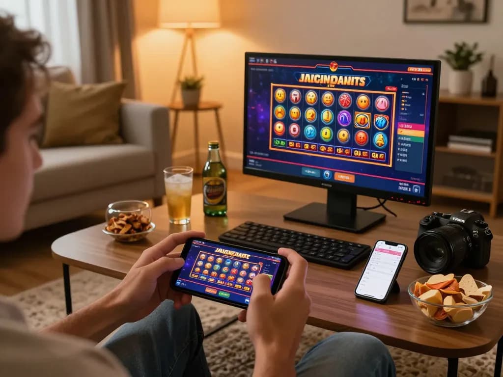 Engaging in mobile gambling on a smartphone while enjoying the platforms offered by say88 in a cozy home setting.
