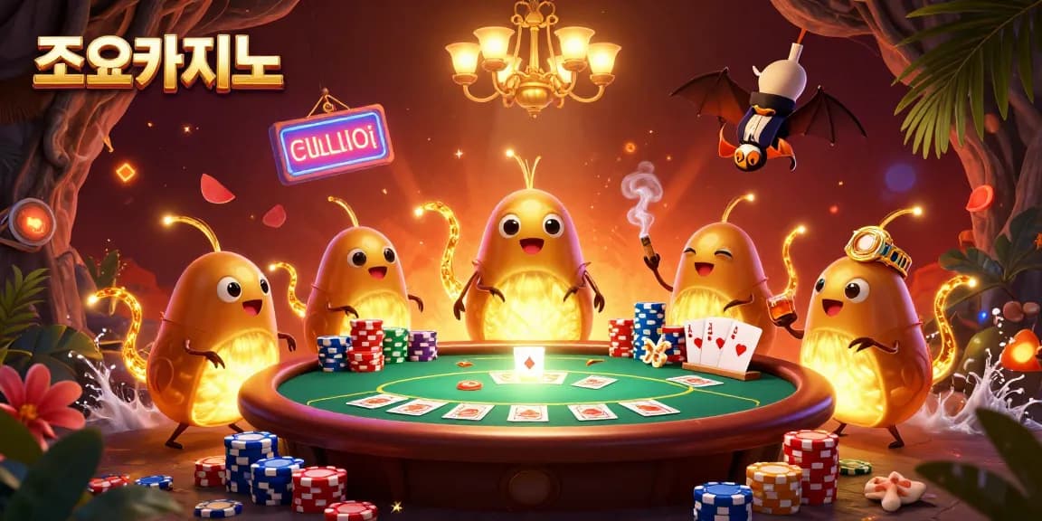 Engage in exciting games at 조이카지노 with vibrant glowworm visuals and poker elements.