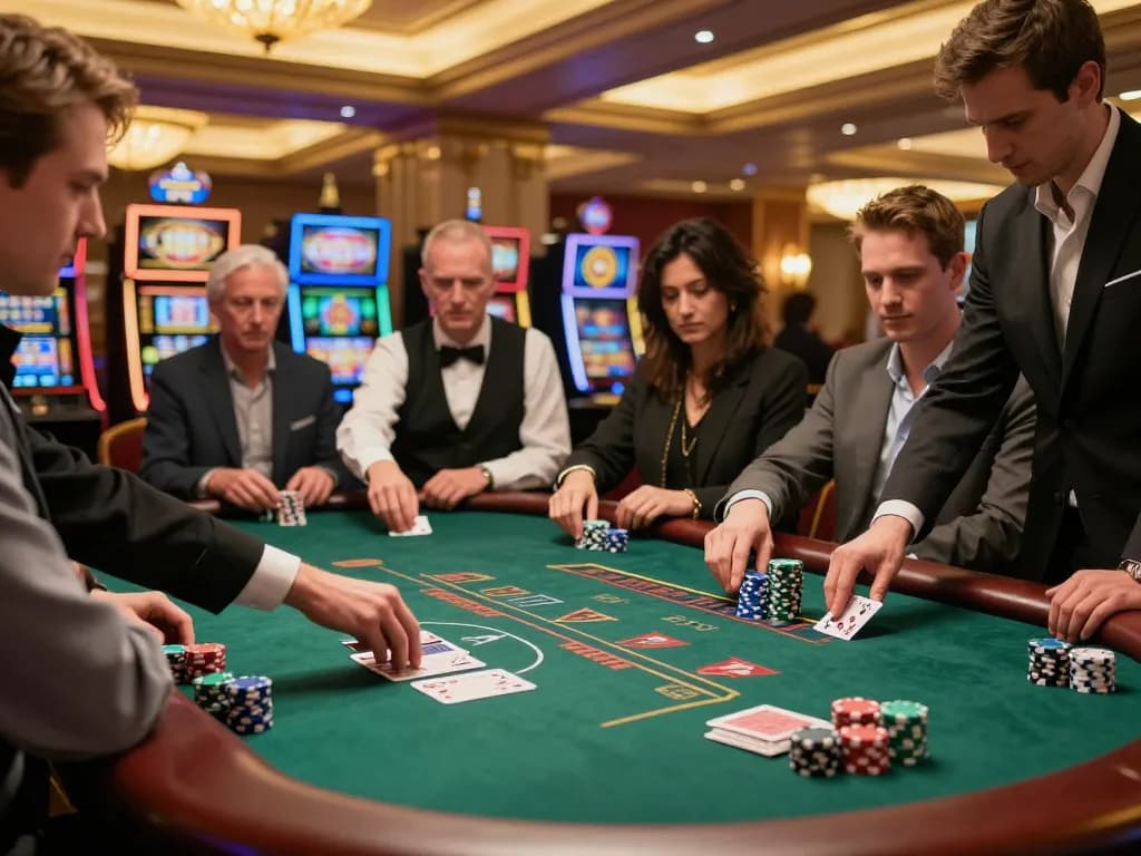 Players at lucks8 blackjack table engaging in card action with excitement in a vibrant casino