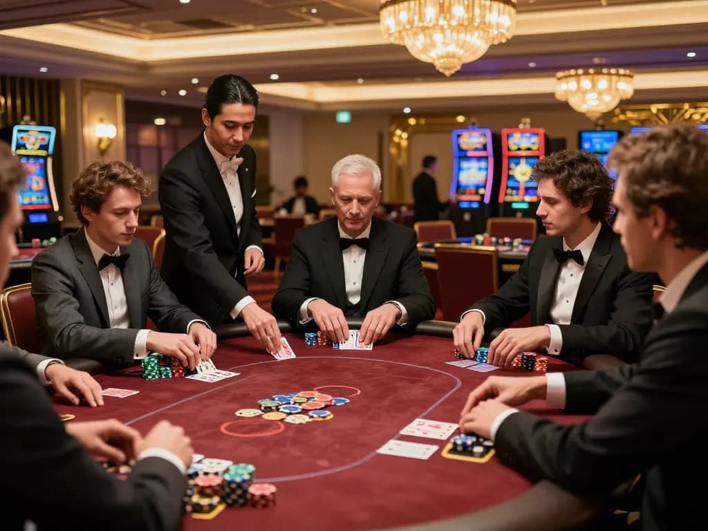 Players competing in a high-stakes poker game at a luxurious casino featuring the keyword 5679.