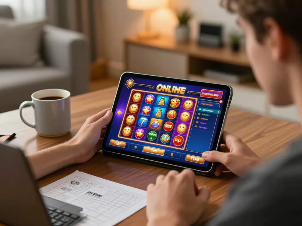 Engaging player enjoying F168 online slots on a tablet, with winning symbols displayed