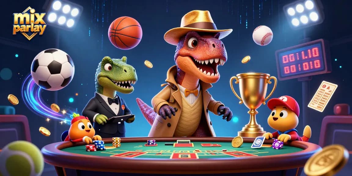 Experience mix parlay betting with a playful velociraptor at a blackjack table, surrounded by dynamic sports elements.