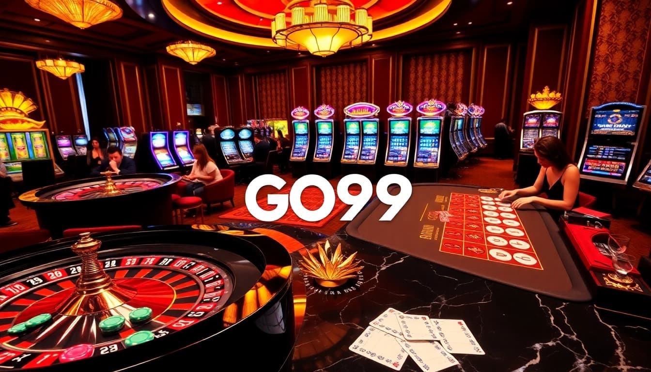 Explore GO99's vibrant casino games featuring roulette and poker in a luxurious setting.