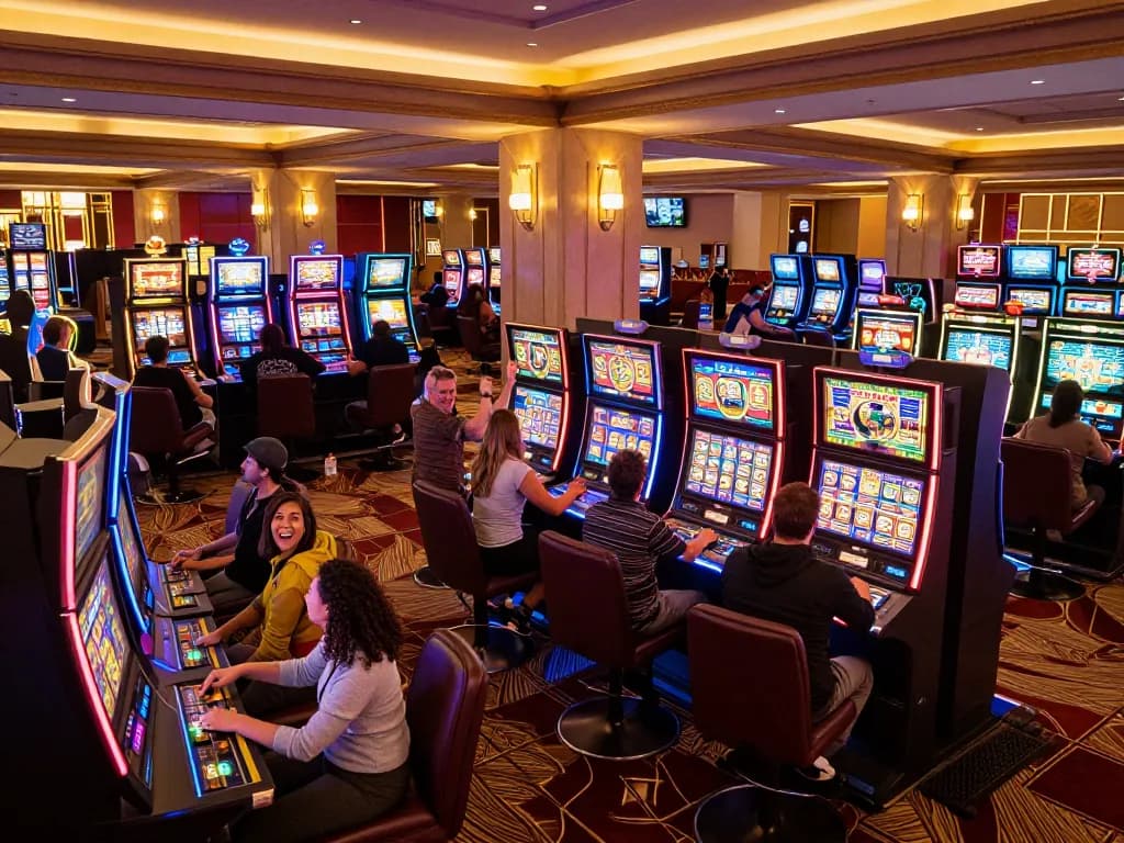 Players enjoying vibrant slot machines at 99ok casino, celebrating exciting wins with lively expressions