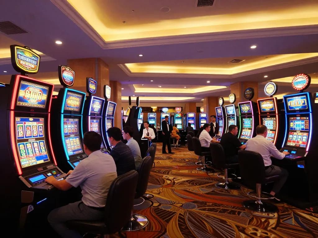 SC88 players engaging with vibrant slot machines in a modern casino atmosphere.