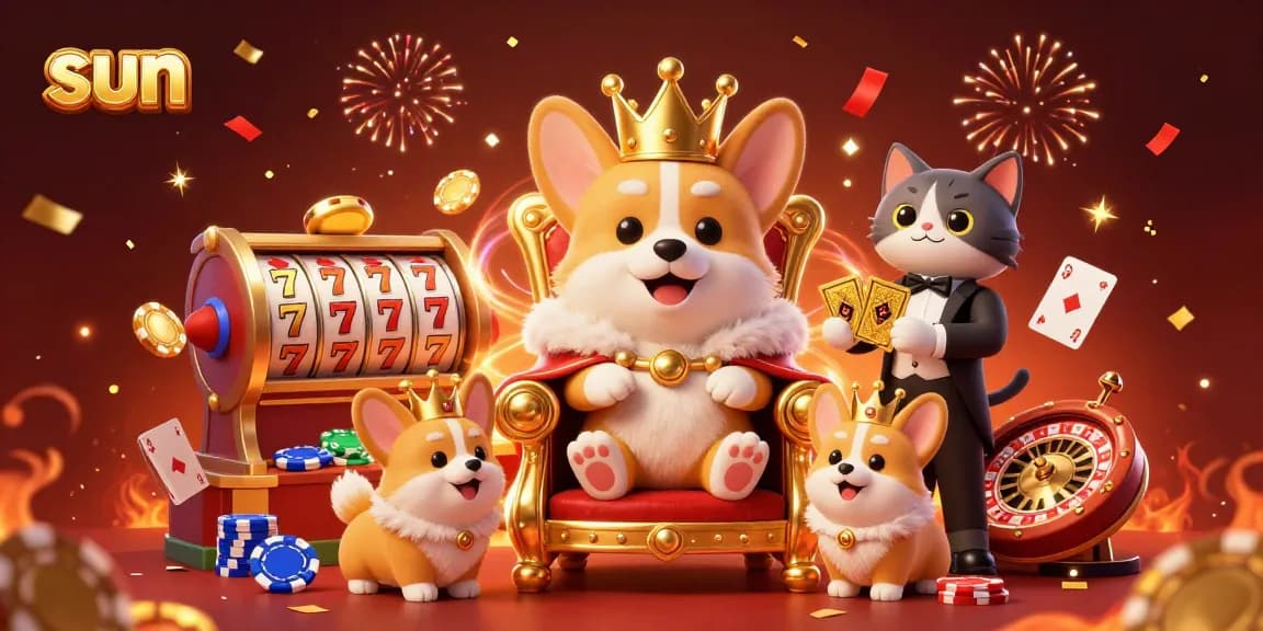 Engage with sun-themed casino action featuring a royal corgi amidst dynamic gaming elements and festive confetti.