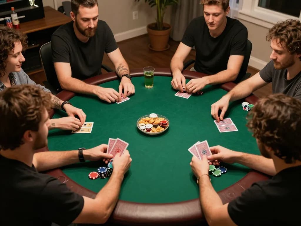 Engaged players at a home poker night showcasing social and strategic aspects of bk8 gaming.