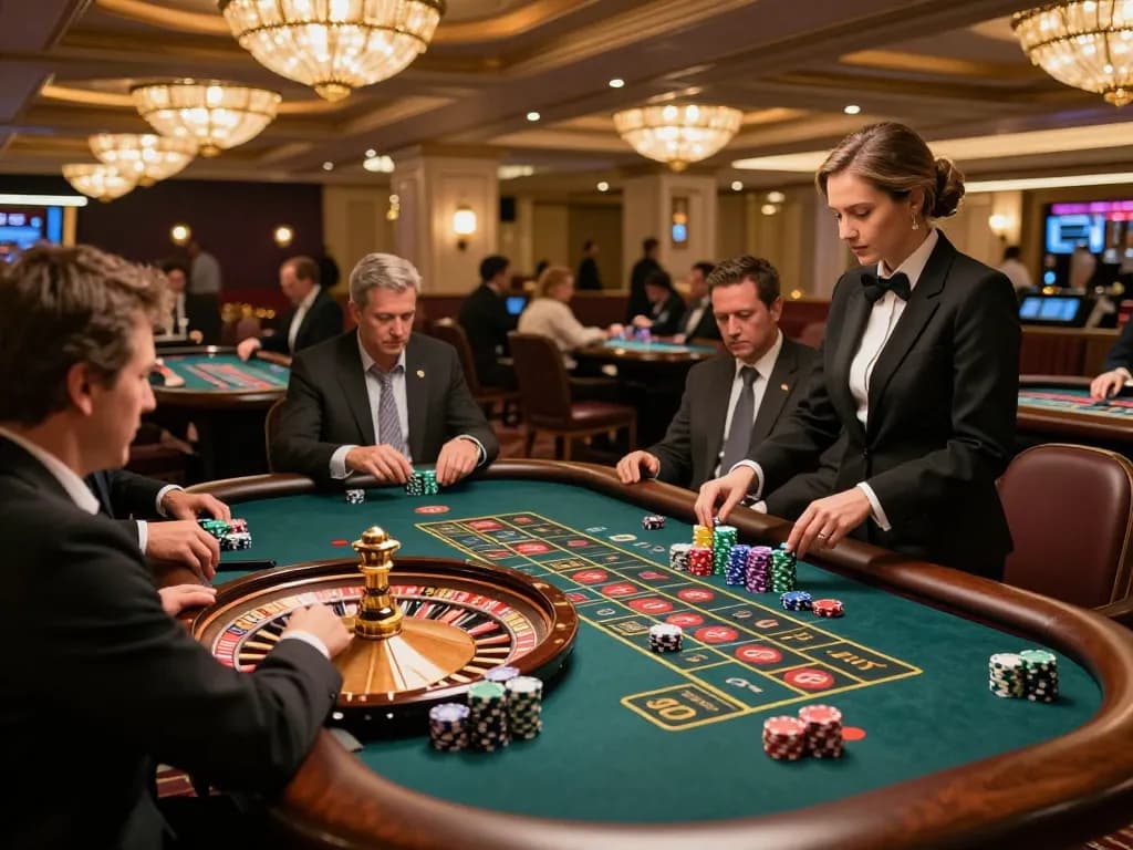 Players placing bets at a roulette table in an upscale casino environment showcasing mpoid excitement and strategy.
