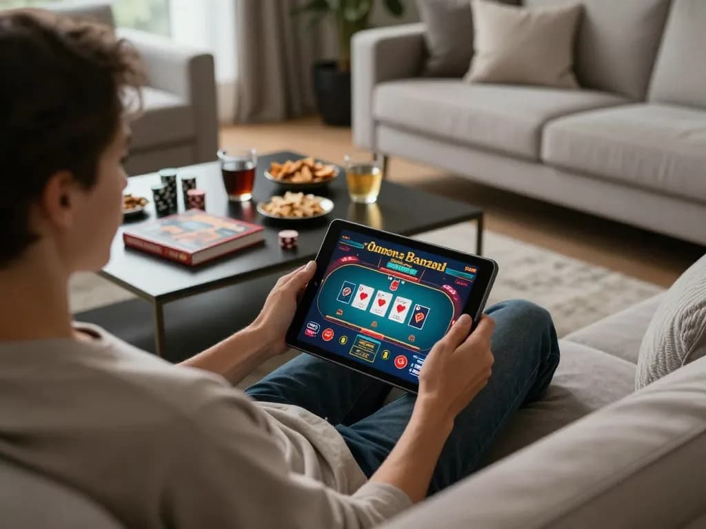 Player engaging with SC88 online casino on tablet in a stylish living room setting