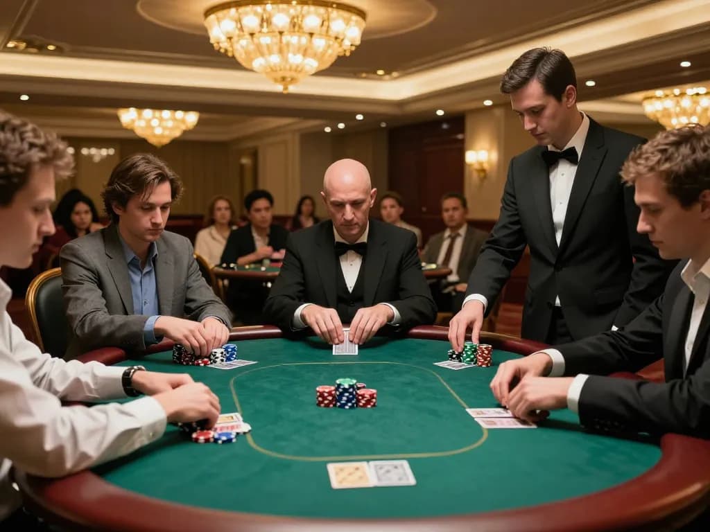 Engaged poker players at an upscale casino focus on their strategy, enhancing sky88 gaming experience