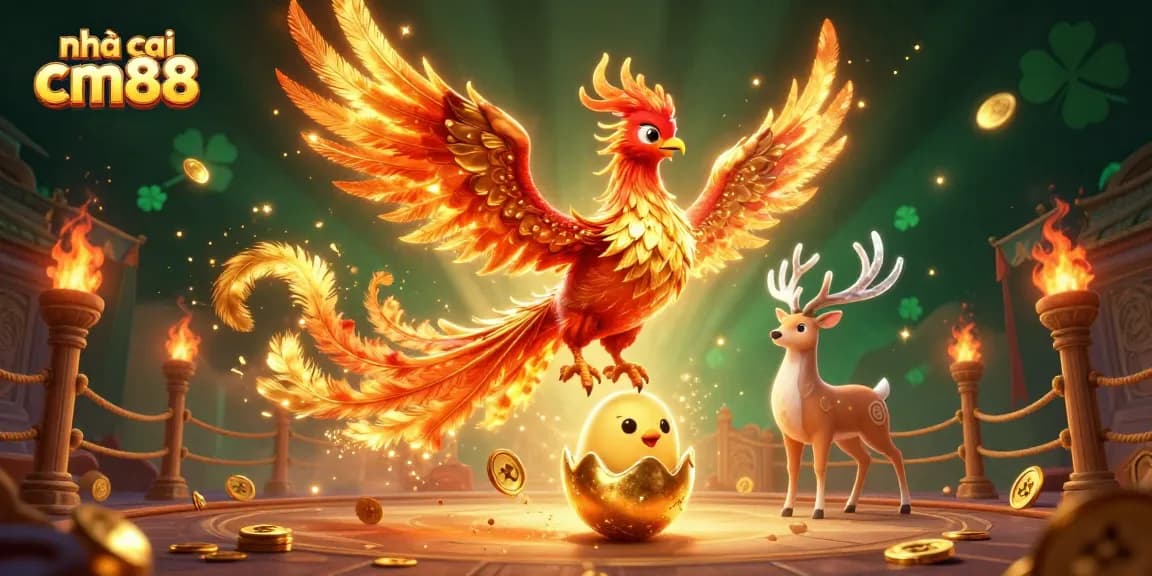 Engage with the vibrant scene of nhà cái cm88, featuring a soaring phoenix and a hatching chick amidst an exciting gambling atmosphere.