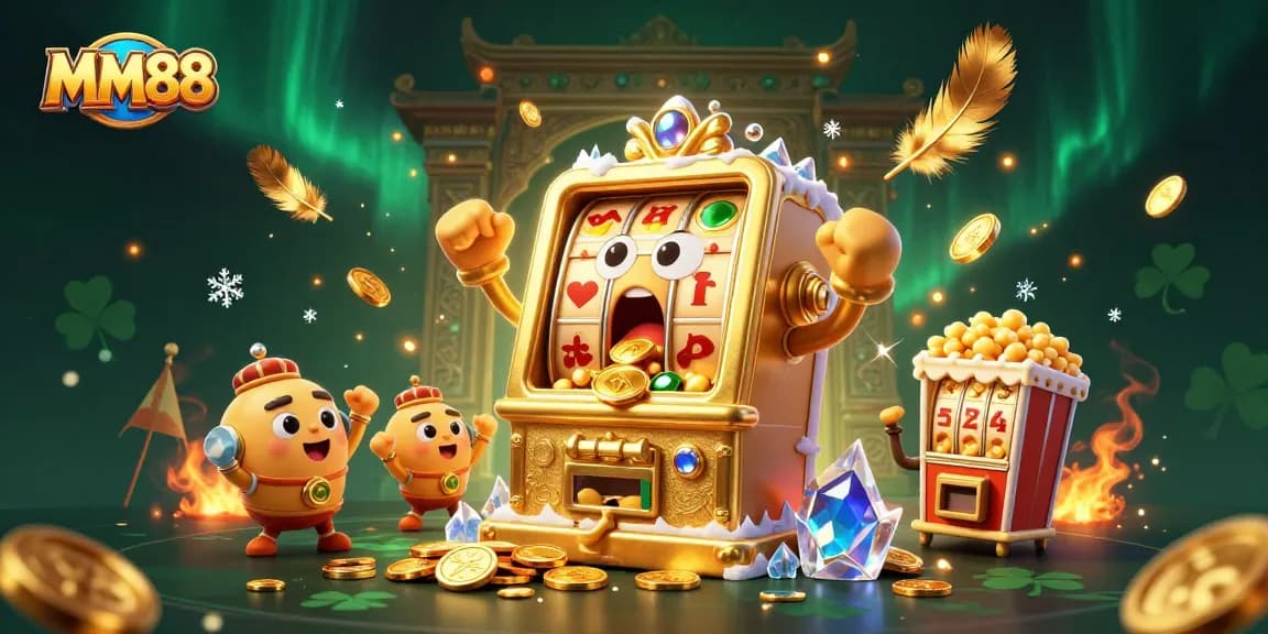 MM88 slot machine hits jackpot with coins overflowing, surrounded by supportive baby slots and popcorn machine.