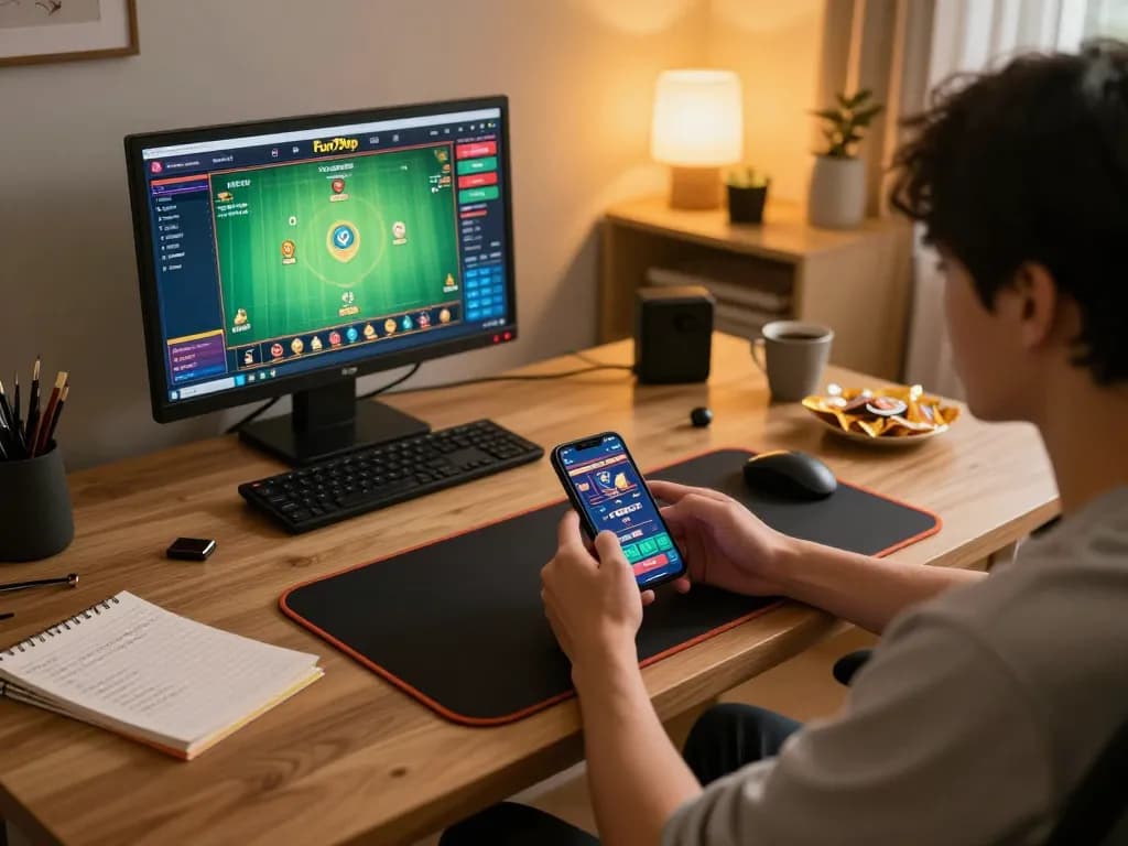 Engaging gameplay on fun79vip casino app with a user focused on their smartphone at home.