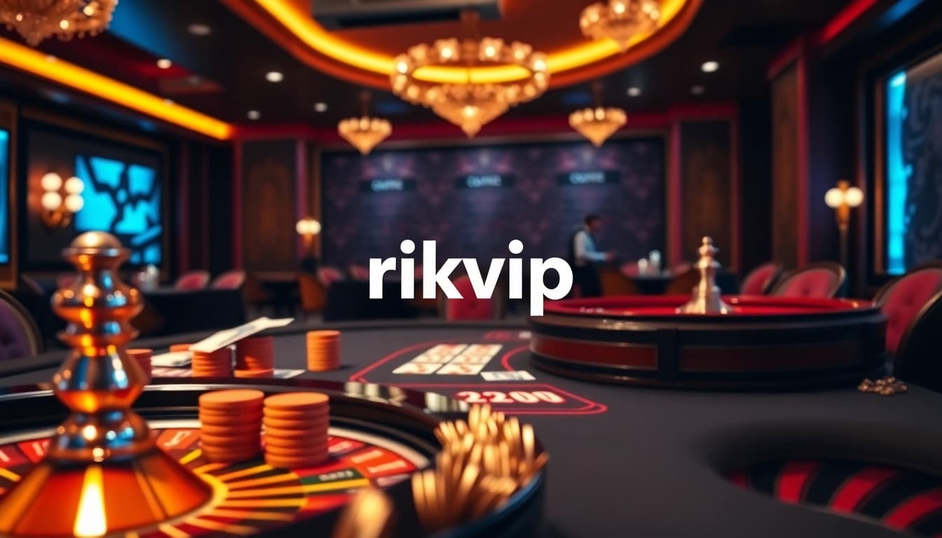 Engaging users with rikvip đăng nhập and a lavish casino scene showcasing poker and roulette.