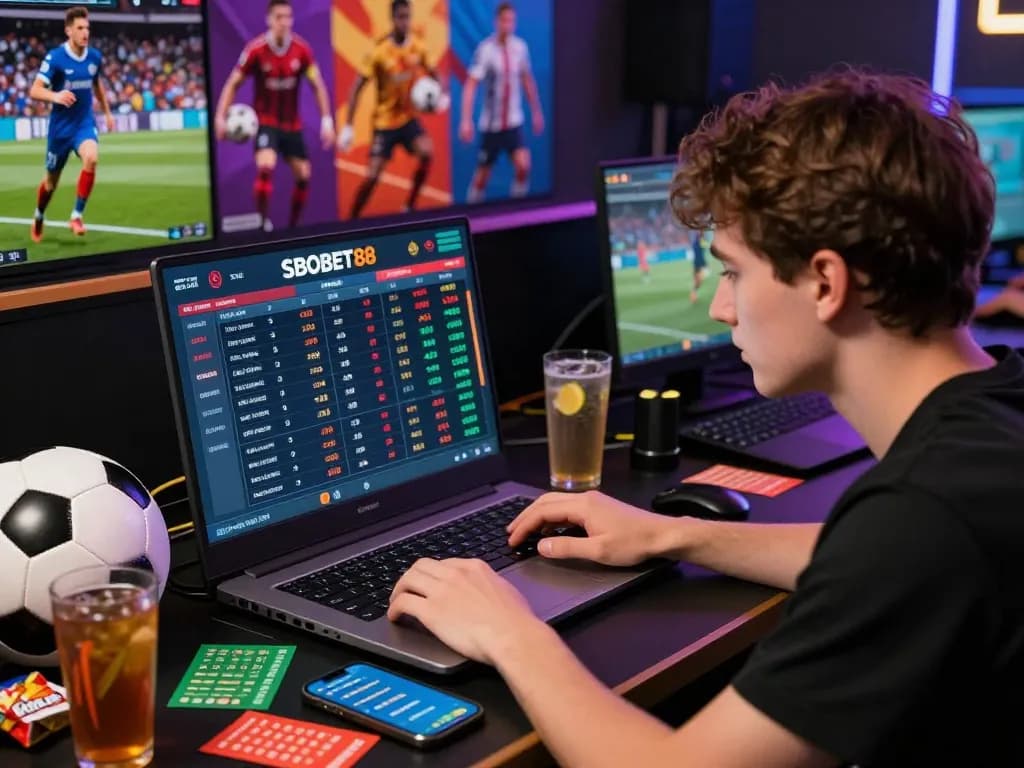 SBOBET88 online betting scene with a young adult focused on live odds and sports statistics.