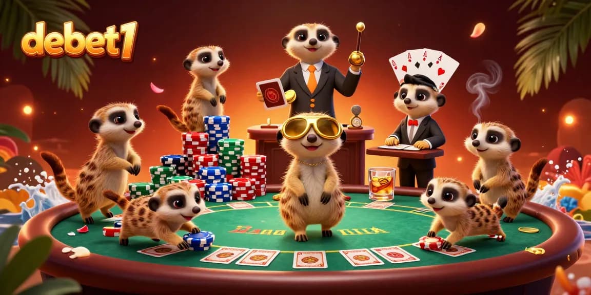 Engage in the excitement of debet1 with meerkats managing an animated casino setup.