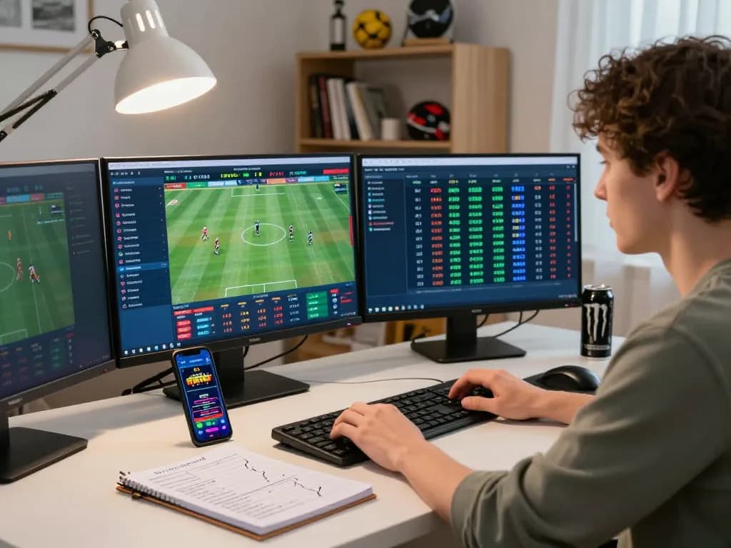 Engaged bettor using online sports betting app, exploring options at nhà cái 888VI in a modern home setup.