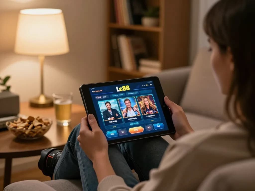 An engaged player enjoying the Lc88 game on a tablet at home, surrounded by snacks.