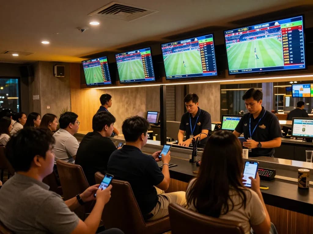 KÈO TRỰC TUYẾN betting experience in a lively sports lounge with screens displaying live matches.