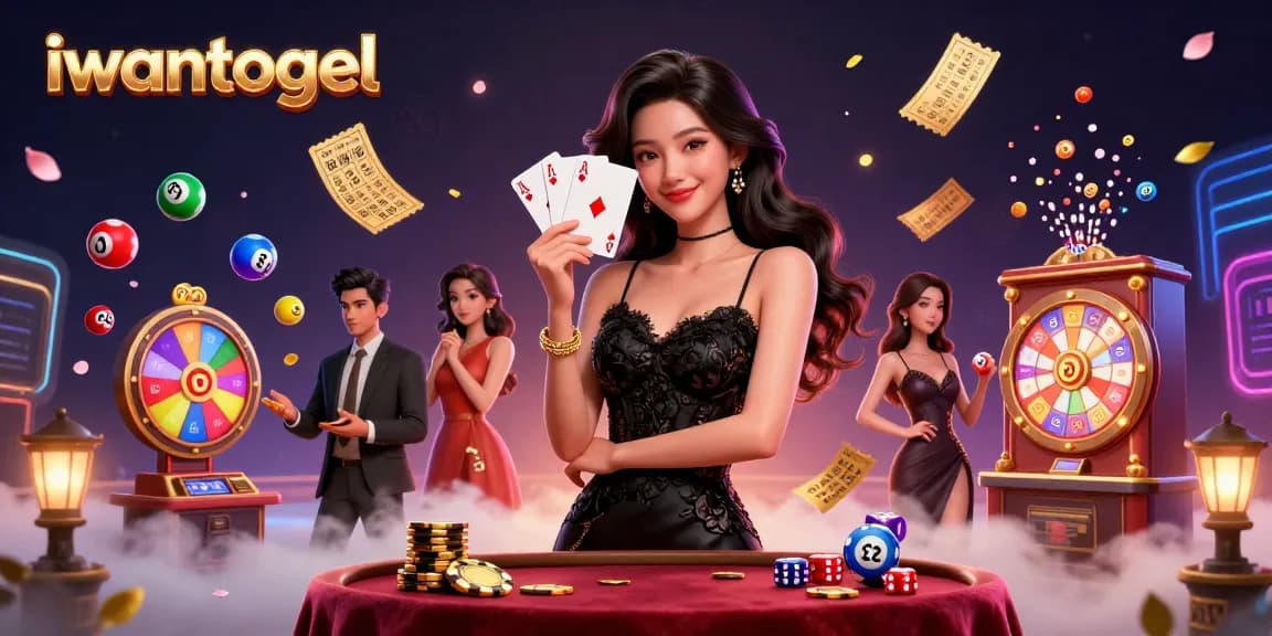 iwantogel captivates with a photorealistic elegant woman in a casino, holding playing cards amidst dynamic lottery elements.