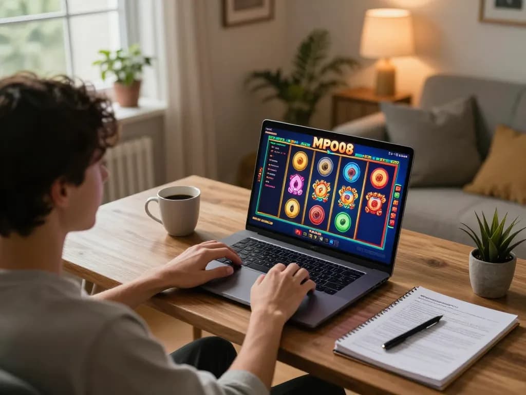 Player engaging in MPO08 slots gameplay at home, laptop screen highlights vibrant slot graphics in a cozy gaming setup