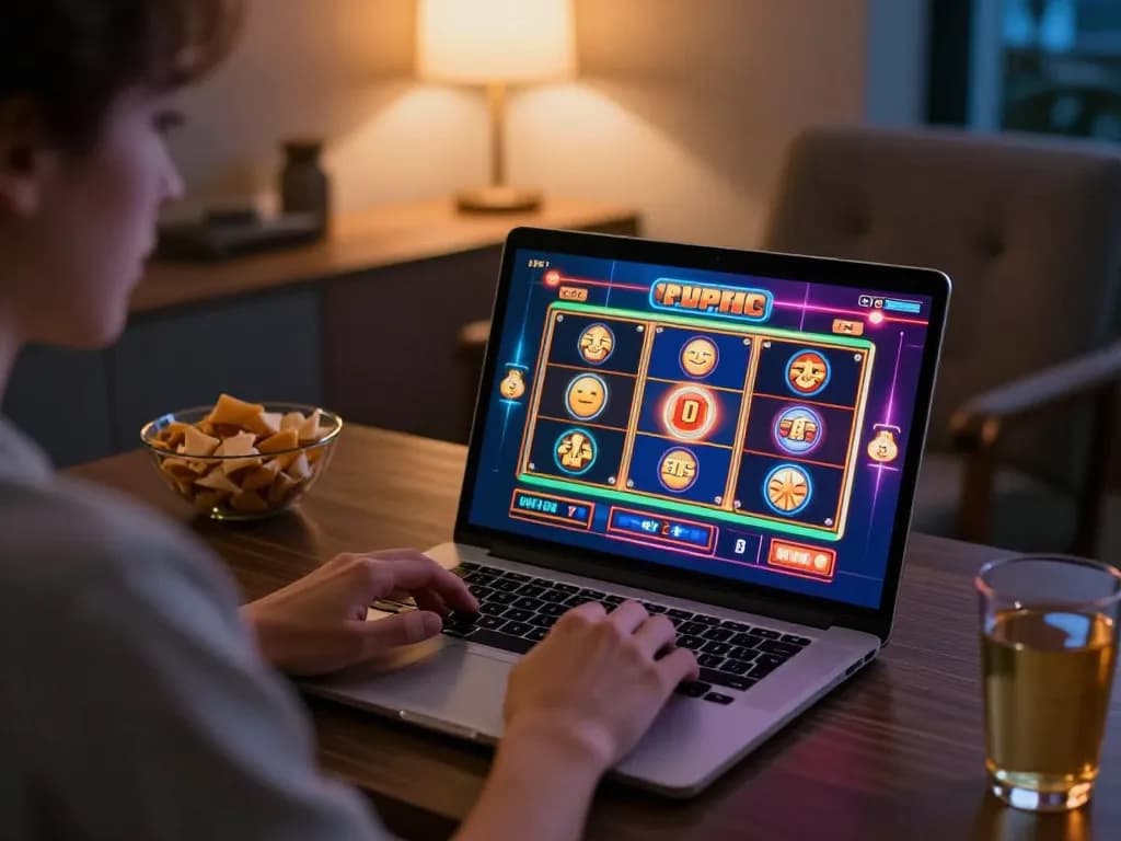 Terlibat dalam permainan online di laptop di https://revjeffhood.com/me/, menampilkan grafis slot yang cerah dan setup yang nyaman.