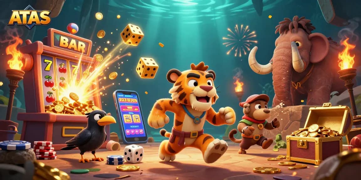 Experience thrilling slots and jackpots with ATAS in a vibrant prehistoric casino scene.