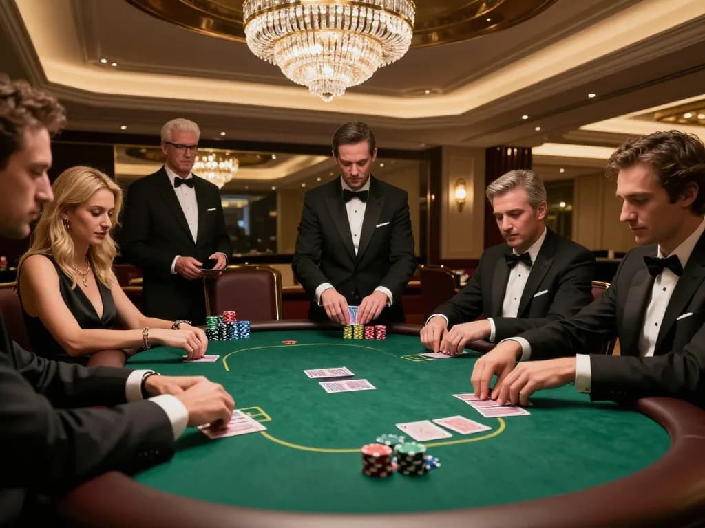 Players in tailored suits strategizing at a high-stakes poker game at 11-hd luxurious casino