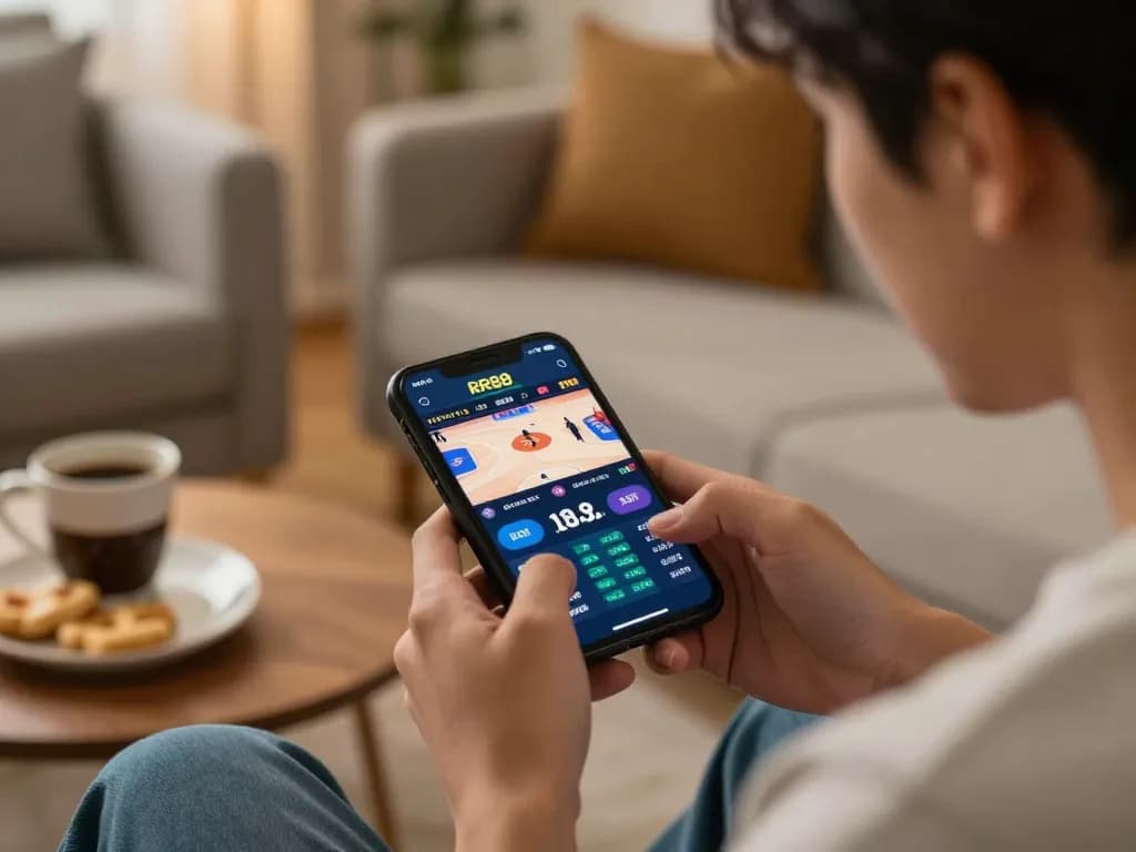 RR88 user placing live bets on a smartphone, showcasing dynamic sports betting excitement.