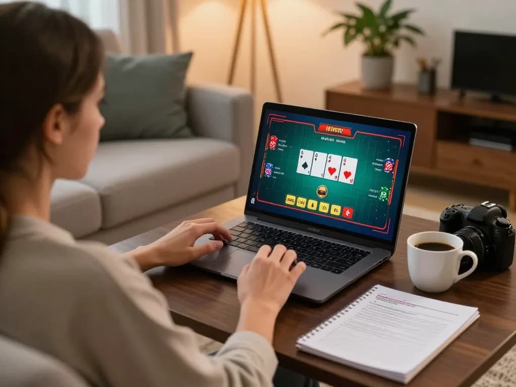 Engaging gameplay of online poker while using link vào ku3933 on a laptop in a cozy home setting.