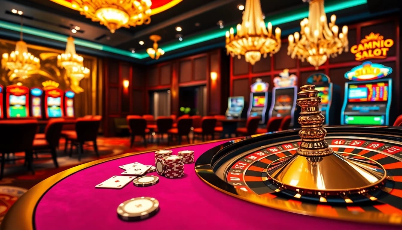 Experience thrilling gameplay at idnslot with vibrant casino tables, poker chips, and a roulette wheel.