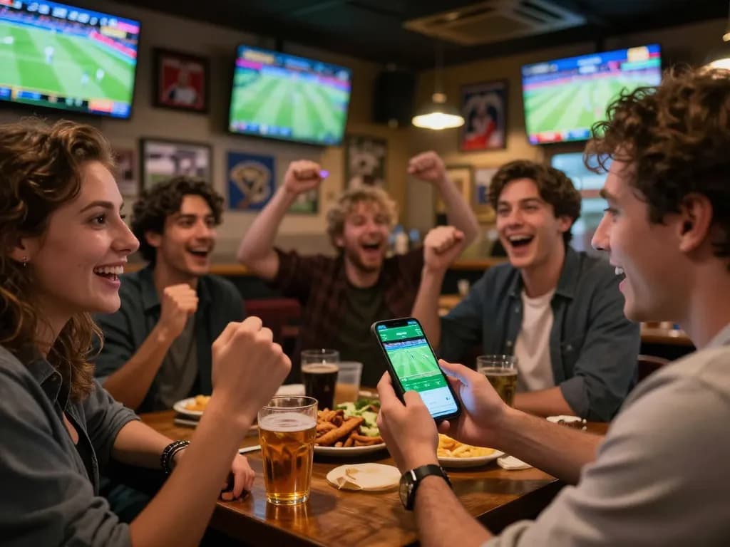 Engaged friends celebrating a win at a sports bar, viewing kèo nhà cái odds on a smartphone during a thrilling game.