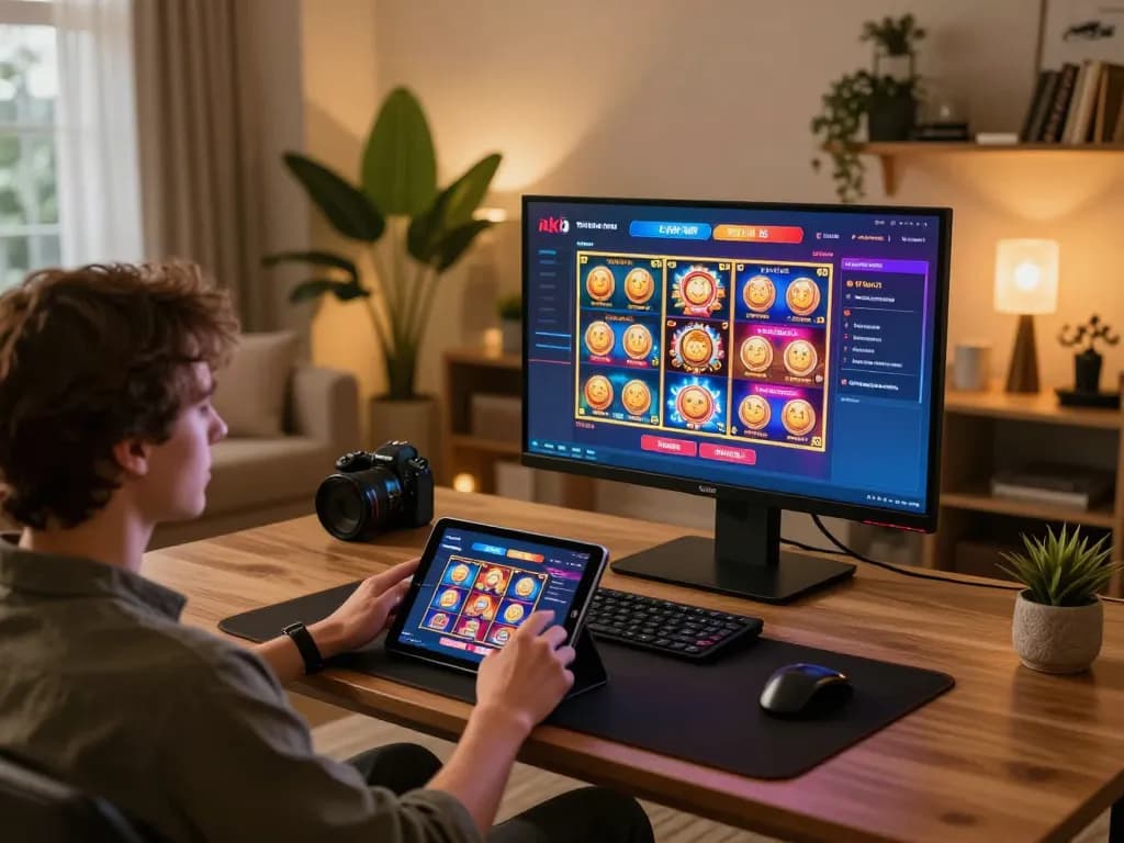 Player enjoying rik vip online casino gaming on tablet with vibrant slot games displayed