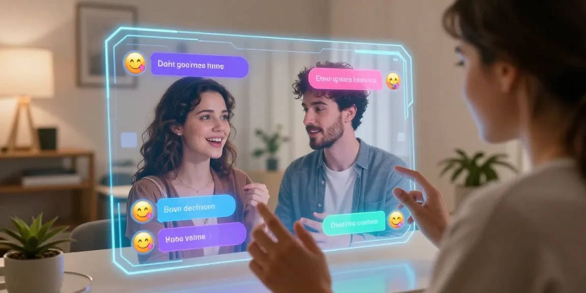 Engaging ai sex chat between avatars in a cozy, modern space.