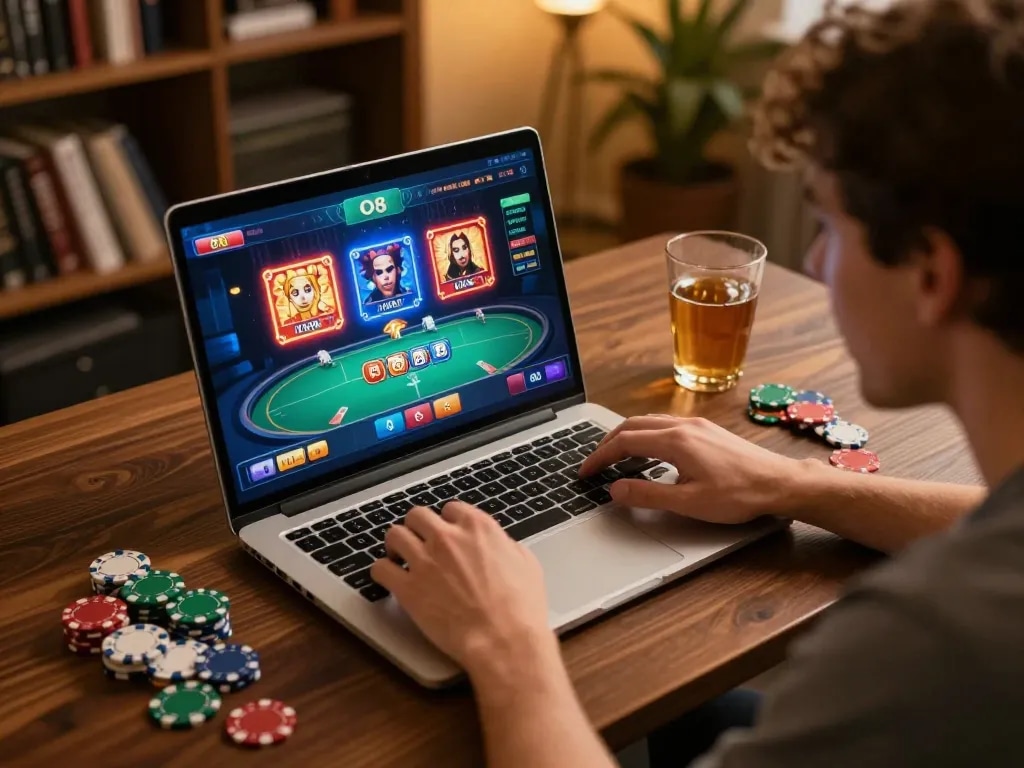 Engaging in online gaming on O8 platform, displaying poker action with warm home atmosphere.