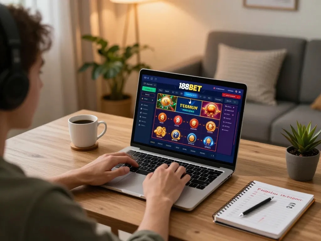 Player engaging in exciting 188bets online games from home with a laptop and strategy notes.