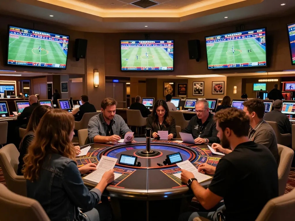 Nowgoal sports betting action with patrons engaged in live betting and excitement in a luxurious casino lounge